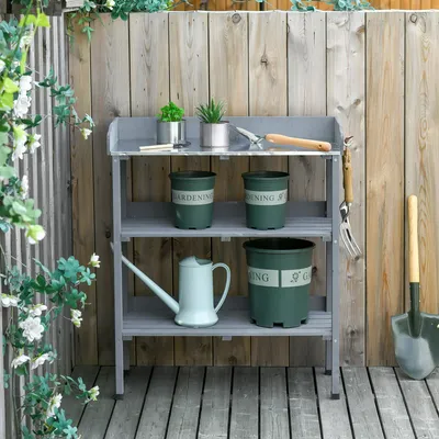 Produktbild von Pflanztisch mit Metall-Arbeitsfläche, Gärtnertisch, Blumentisch, Tannenholz, Grau | 76 x 37 x 89 cm | 15 kg | 3 Haken