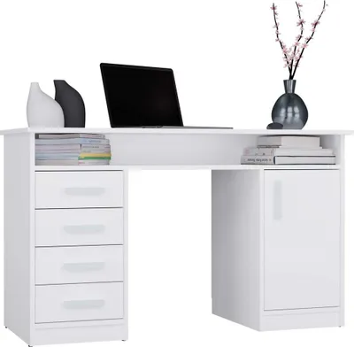 Produktbild von ADA Schreibtisch mit 4 Schubladen, 1 Tür und offenem Regal – Praktisch und stilvoll | Farbe: Weiß | Größe: 125x75x55