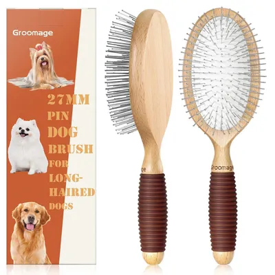 Produktbild von Hundebürste für langhaarige Hunde, 27 mm, Nadelbürste, Buchenholz, rutschfester Griff