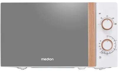 Zdjęcie produktu dla MEDION mikrofalówka mała (drewnopodobna, wolnostojąca, 20 litrów, 700 W, lustrzane drzwi, 5 poziomów mocy, funkcja rozmrażania, timer, MD10596) biała