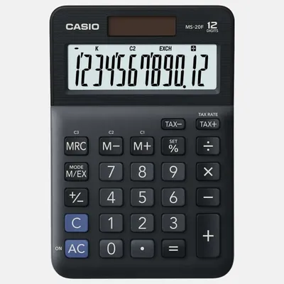 Zdjęcie produktu dla Kalkulator biurkowy Casio® MS-20F - zasilany energią słoneczną/baterią, 12-cyfrowy, wyświetlacz LCD, czarny