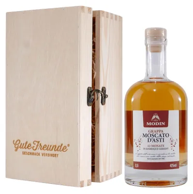 Produktbild von Modin Moscato d´Asti Grappa mit Geschenk-Holzkiste