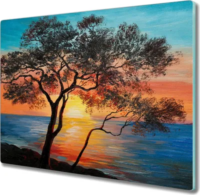 Produktbild von Coloray Küchenbrett Kochplattenabdeckung Hackbrett Schneidebrett Herdabdeckplatte 60x52 cm - Baum Sonnenuntergang Meer