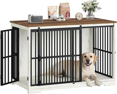 Produktbild von Hundekäfig Möbel, 119 cm Hundebox, 2 Türen, XXL Moderne Hundekäfig Indoor für Mittlere/Große Hunde, Beistelltisch, Verstärkte Schiebetür, 119 × 70 × 88 cm, Weiß Braun DFC94414B