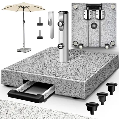 Produktbild von tillvex® Granit Sonnenschirmständer mit Rollen & Transportgriff Grau - 27 kg Eckig mit Trolley-Griff | Schirmständer Sonnenschirm mit Edelstahlrohr | Balkonschirmständer für Schirmstöcke 16-48 mm & 250 cm Schirmdurchmesser
