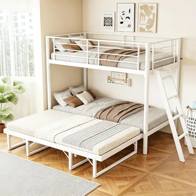 Productafbeelding van Merax stapelbed 90x200 cm met uitschuifbed, metalen bed voor kinderen en tieners, uitschuifbaar logeerkamer, ruimtebesparend meerpersoonsbed, wit