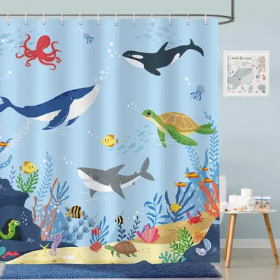 Produktbild von Duschvorhang mit Meeresmotiv, Unterwasserwelt, Delfin, Fisch, blau, Duschvorhang für Kinder, 180 x 180 cm, schimmelresistent, wasserdicht, Polyestergewebe, waschbar, Badezimmervorhang mit 12 Haken