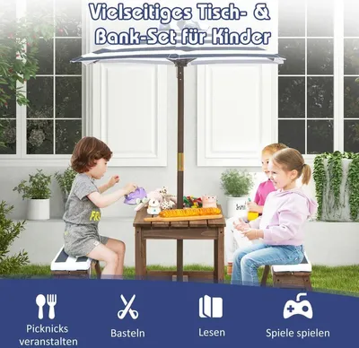Image de Table de pique-nique avec parasol et bancs, ensemble table et banc bleu