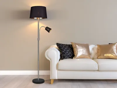 Produktbild von Große Wohnzimmer Stehlampe 180cm mit Leselampe, Stoff Lampenschirme Schwarz Gold