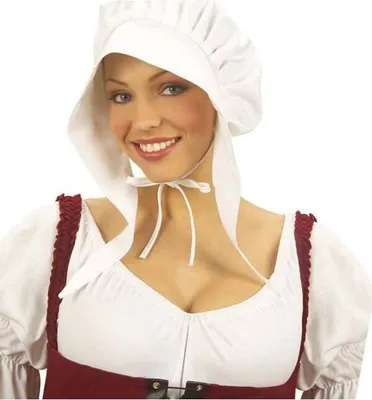 A woman wearing a historical costume including a white bonnet and a red bodice over a white blouse.