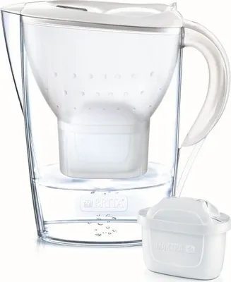 A Brita water filter pitcher and a separate filter cartridge are shown against a white background.