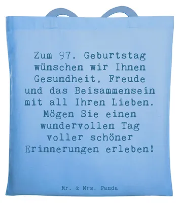 Produktbild von Mr. & Mrs. Panda Schultasche Spruch 97. Geburtstag - Sky Blue - Geschenk, totebag, Tasche, Glückwunsch, Happy Birthday, Alter, Lieben, Geburtstagsfeier, canvas, Uni