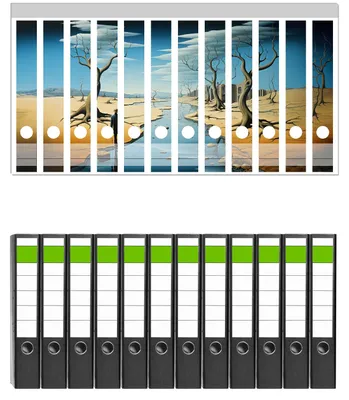 Produktbild von Wallario 12 Stück schmale Ordner inkl. Klebeetiketten mit Motive Fluss der Zeit - Set mit Rückenschildern / Ordnerrücken Stickern