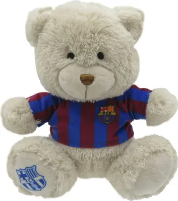 A plush teddy bear wearing a striped shirt with a team logo.