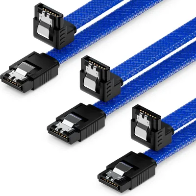 Produktbild von deleyCON 3x 50cm SATA 3 Nylon Kabel Set 6 Gbit/s Verbindungskabel Mainboard HDD SSD Festplatte 1 S-ATA Stecker 90° Gewinkelt Blau