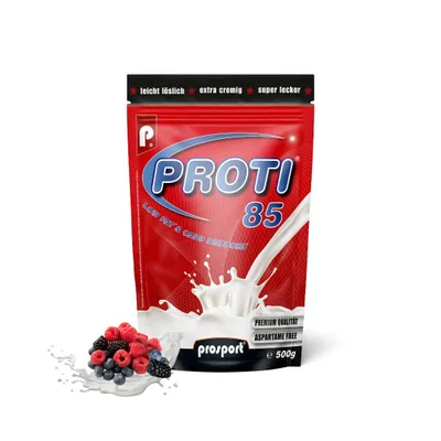 Produktbild von Prosport Proti® 85 Proteinpulver 500g, Waldfrucht-Joghurt – 4-Komponenten-Protein mit Whey Konzentrat-Isolat-Mix, Casein & Eialbumin – Mit 10 Vitaminen, BCAAs & EAAs – Extra cremiger Eiweißshake für Muskelaufbau
