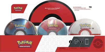 A product shot of three Pokemon Pokeball tins, presented in a retail packaging.