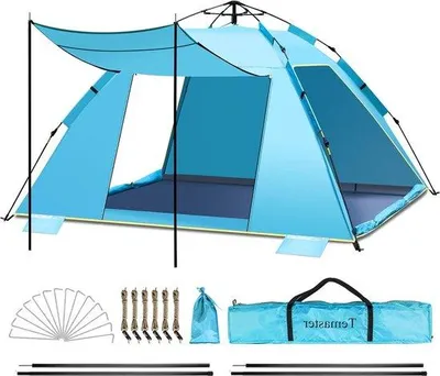 Produktbild von Famanu Strandzelt für 3-4 Personen - extra groß und tragbar - UPF 50+ Sonnenschutz - mit Vorzelten - einfache Montage