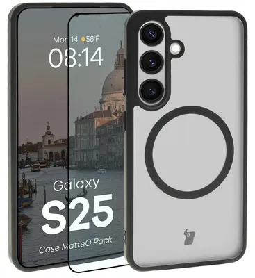 Produktbild von Schutzhülle mit Magnetring + gehärtetem Glas Bizon MatteO Pack für Galaxy S25, Getönt-Schwarz