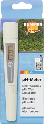 The image shows the packaging of a pH meter, with a background depicting a swimming pool and greenery.