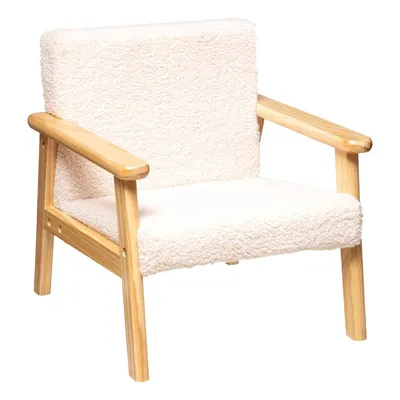 A single child's armchair with a fluffy ecru seat and backrest, and a light wood frame.