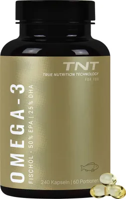 Produktbild von TNT Omega-3 Fischöl (50% EPA / 25% DHA) - 240 Kapseln - Reines Fischöl in Triglycerid-Form. 2860mg Fischöl pro Tagesdosis (1000mg EPA, 500mg DHA)