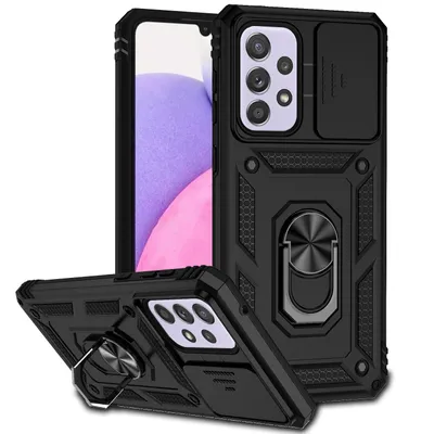 Immagine prodotto di Custodia per Samsung Galaxy A33 5G a doppio strato con copertura scorrevole della fotocamera e supporto ad anello nero