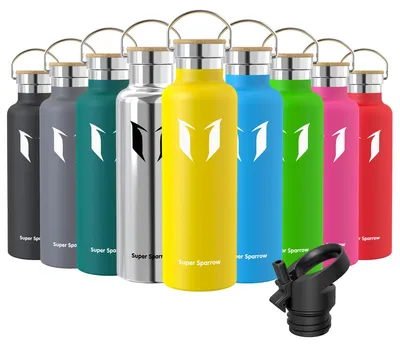 Produktbild von Super Sparrow Trinkflasche Edelstahl - 750ml - Auslaufsicher Thermoskanne, BPA-Frei Thermosflasche - Trinkflaschen Kinder für Sprudel, Sport, Schule, Fitness - Mit 2 Deckeln