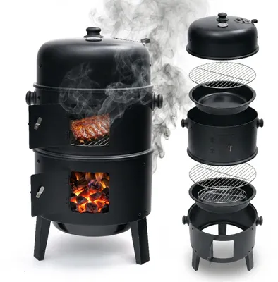 Image de Relaxdays Smoker, 3 en 1, grillade, fumage et cuisson, thermomètre et évacuation d'air, bacs à eau, acier, fumoir, noir