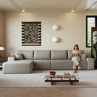 Imagen del producto de Sofá modular de esquina de 340 cm sin reposabrazos, con chaise longue en forma de L, sofá modular moderno, con asiento profundo. No requiere montaje
