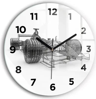Produktbild von Wallfluent Große Wanduhr – Stilles Quarzuhrwerk - Uhr Dekoration Wohnzimmer Schlafzimmer Küche - Zifferblatt - schwarze Zeiger - 60 cm - Aufbau des F1-Wagens