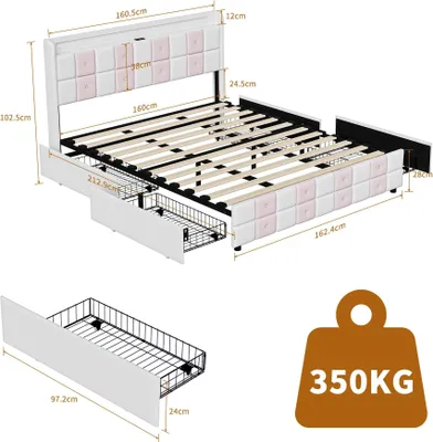 Zdjęcie produktu dla Łóżko z miejscem do przechowywania – łóżko podwójne 160×200 cm – metalowa rama – szuflady – wymaga montażu