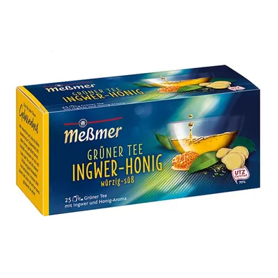 A box of Meßmer green tea with ginger and honey.