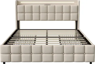 Zdjęcie produktu dla Łóżko tapicerowane 160x200 cm - rama łóżka z pojemnikiem - 4 szuflady - oświetlenie LED i porty USB do ładowania - tkanina lniana - beżowe