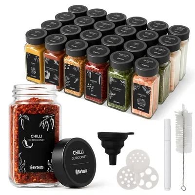 Produktbild von CLP 24er Set Gewürzgläser eckig 120ml Streueinsätze Etiketten Trichter Bürste,schwarz Edelstahl