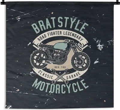 Produktbild von MuchoWow® Wandteppich Wandbehang Mancave - Motorrad - Retro - Zeichnung 60x60 cm Tapisserie Dekoration Wandtuch - Dekorationen - Wand Decke