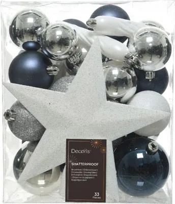 Produktbild von Weihnachtskugeln mit Christbaumstern Kunststoff 33er Set - Blau Silber