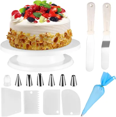 Produktbild von Taartdecorationsset mit drehbarem Tortenständer, Spritzbeutel, Spatel, 12-teilig, für Kuchen