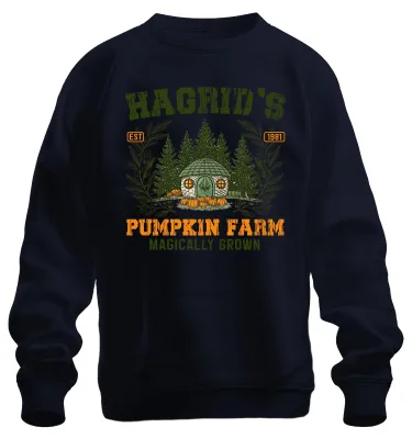 Productafbeelding van Hagrids pompoenenboerderij, magisch, Harry Potter, Halloween, herfst, vintage, uni, sweatshirt, marineblauw, maat S