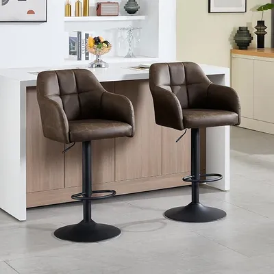 Produktbild von Orisnug Barhocker 2er Set Höhenverstellbar Kunstleder Küchenhocker Braun | Barhocker mit Arm und Rückenlehne, gepolsterte Küchenhocker, Metallrahmen, für Küche, Restaurant, Bar