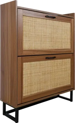 A wooden shoe cabinet with two rattan doors and black metal legs, shown against a white background.