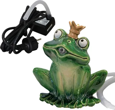 Produktbild von Wasserspeier Froschkönig mit Pumpe 230V, Keramik grün lasierte Teichfigur