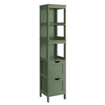 Produktbild von VASAGLE Hochschrank Badezimmer, Badezimmerschrank schmal, 2 Schubladen, 3 offene Fächer, 30 x 30 x 141,5 cm, Waldgrün