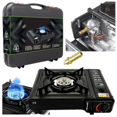 Produktbild von Campingkocher 2in1 Gas 2500W | Tragbarer Gaskocher mit Piezozündung, für Kartusche & Gasflasche | Outdoor Kocher inkl. Koffer & Windschutz