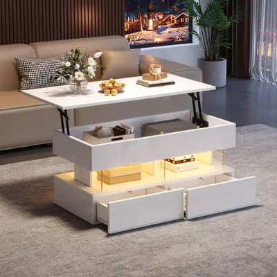 Produktbild von 100 x 50 x 46 cm Anhebbarer CouchtischSofatisch mit höhenverstellbarer Tischplatte und verstecktem Stauraum LED kaffeetisch mit 2 Schubladen