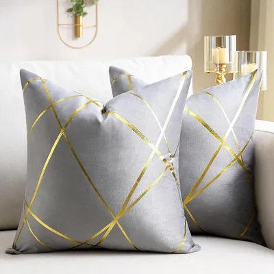 Productafbeelding van Kussensloop set van 2, 40x40 cm, grijs, fluweel, geometrisch design, decoratieve kussens