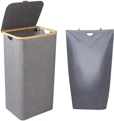 Image de Panier à linge gris de 100 litres avec couvercle et sac amovible