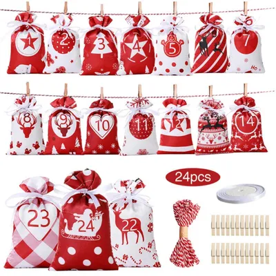 Produktbild von Adventskalender-Tüten 24 Tage Countdown Jutebeutel zum Aufhängen Rot 15x10 cm Satin