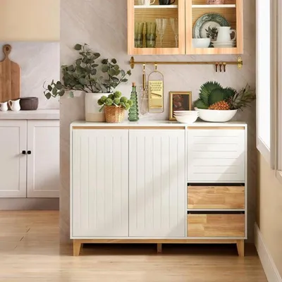 Immagine prodotto di Comodino - Realizzato in legno e MDF - Dimensioni 120x90x40 cm - Mobile contenitore bianco - Credenza per soggiorno