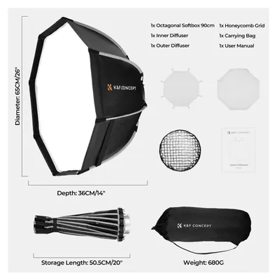 Image de Boîte à lumière pour studio photo, 65 cm, montage rapide en forme d'octagon, connecteur Bowens, grille en nid d'abeille, diffuseur de lumière pour flash de studio